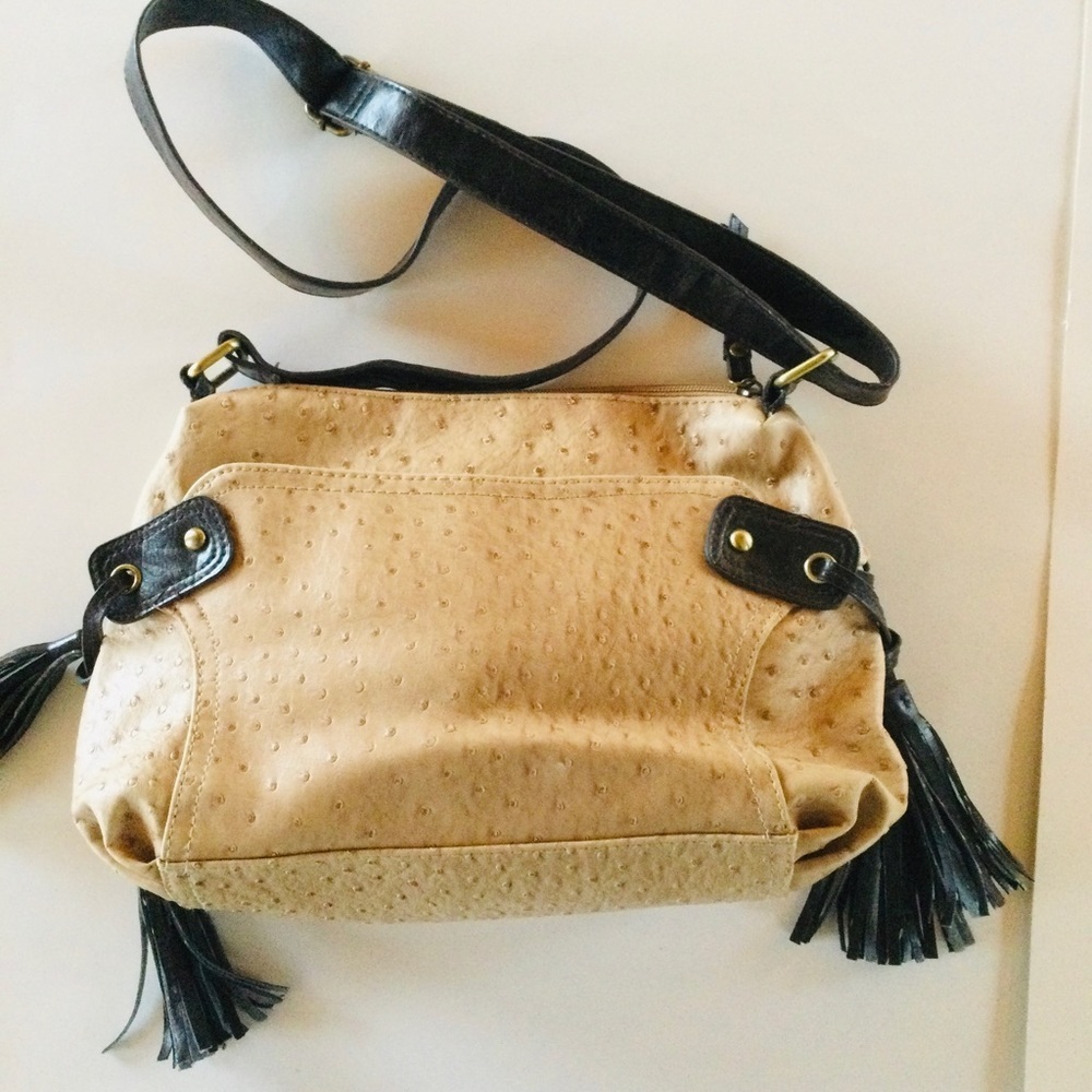 Bueno Tan & Black Shoulder Patent Handbag Fringe Tassels - Picture 2 of 8